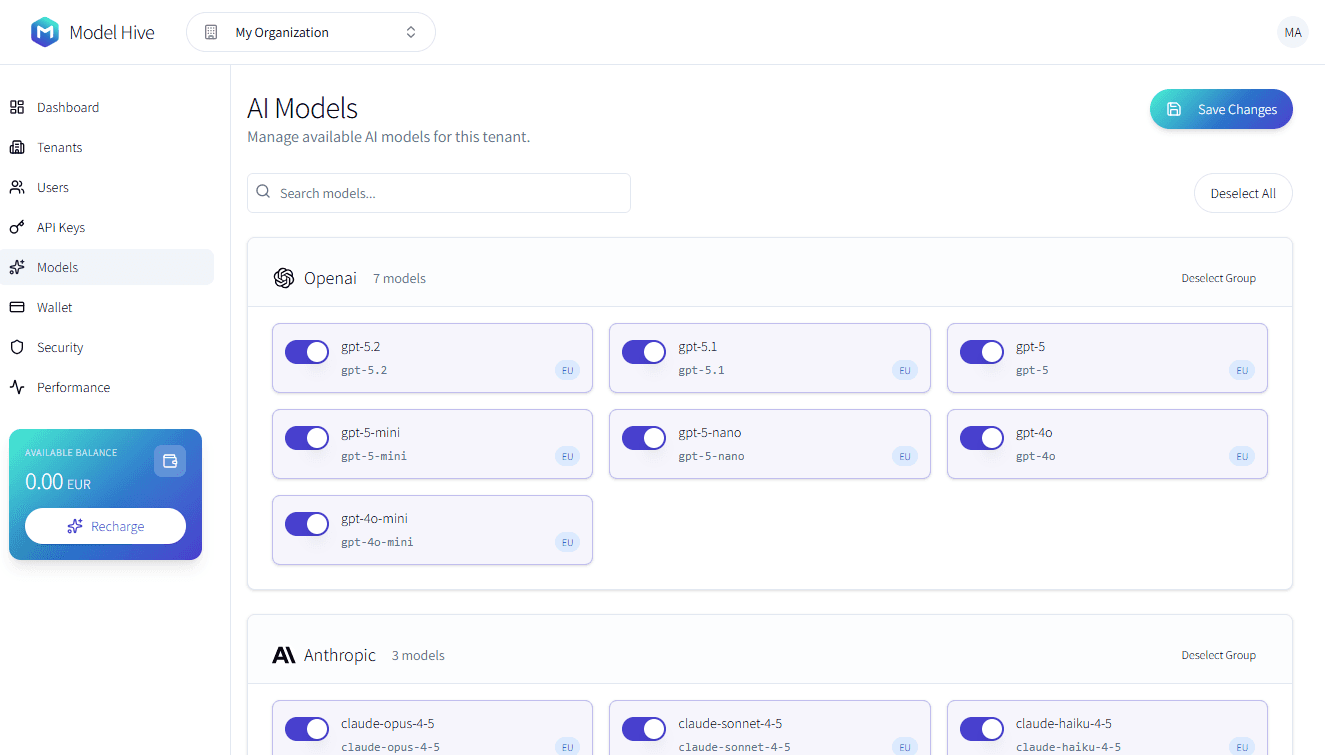 Model Hive Model Control Settings
